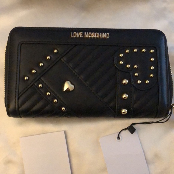 Love Moschino Portafogli Nero Black Faux Leather ZA Wallet Stud Accents NWT/Box - Picture 6 of 15